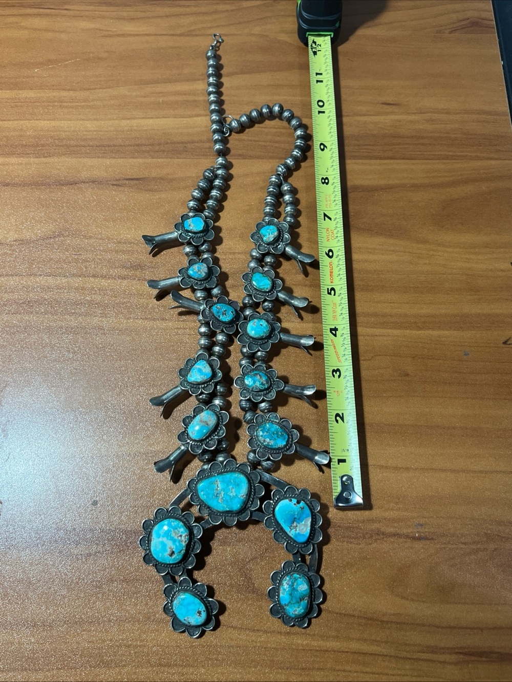 Vintage 60s Navajo Bisbee Turquoise .925 Silver Squash Blossom 24”Necklace 220g - Picture 8 of 14